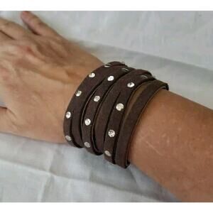 Charming Charlie Dark Brown Leather Bracelet Silver Tone Clear Rhinestones, NEW